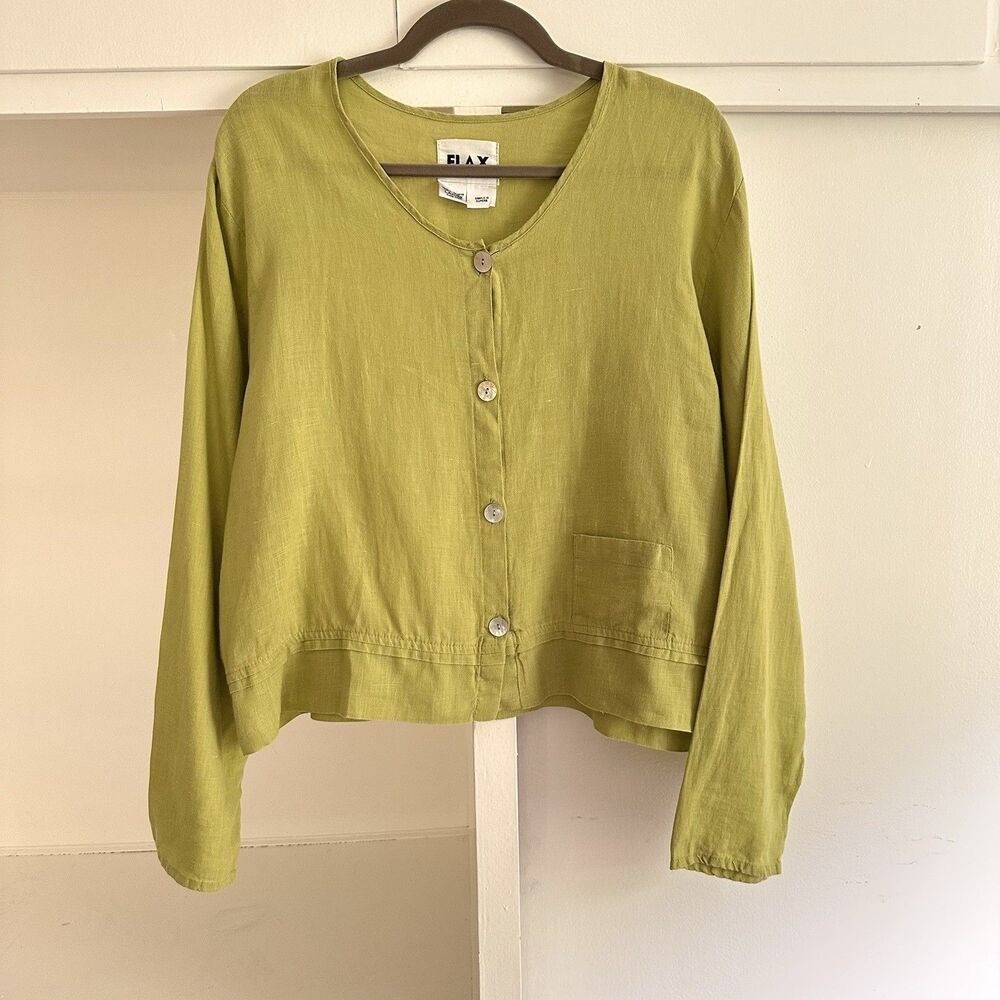 FLAX Womens Green Woven Linen Lagenlook Boho Long Sleeve Button Up Top Sz L